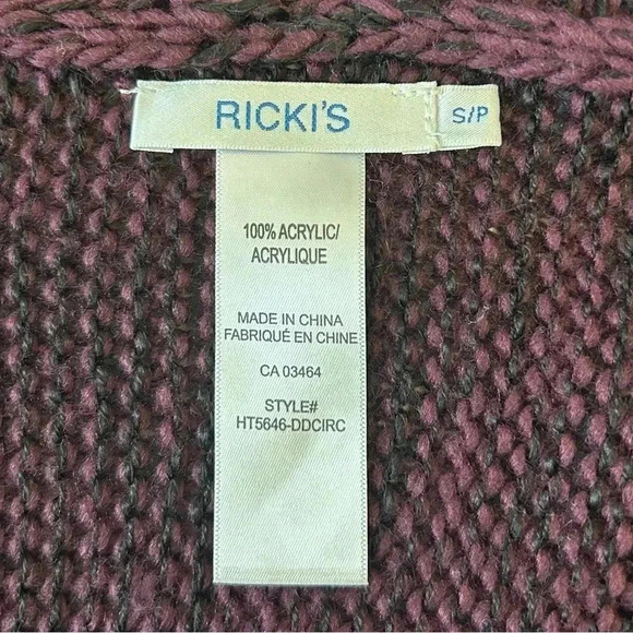 Ricki’s Circle Cardigan Open Front Draped Collar Sweater Burgundy Black Small - Picture 10 of 12